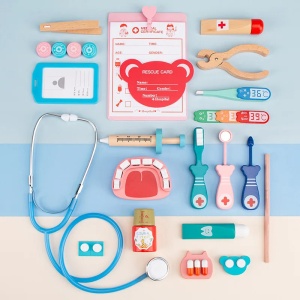 Set de joaca trusa doctor dentist din lemn, 24 piese