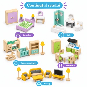 Set mobilier din lemn pentru papusi, 27 piese – 5 camere de amenajat - Img 4
