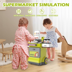 Set supermarkert electronic de jucarie mobil cu roti, sunete si functii, 48 piese, verde