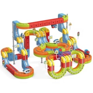 Set tren cu circuit magnetic 3D, traseu modular de construit - 141 piese