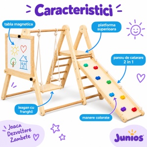 Set triunghi Pikler din lemn 8 in 1, loc de joaca cu tobogan, leagan si activitati creative, 2–8 ani - Img 5