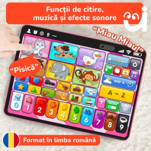 Tableta 3 in 1 in limba romana, cu activitati educative, logopedice si de asociere pentru copii, Roz - Img 2
