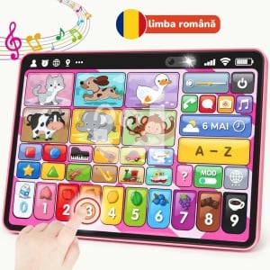 Tableta 3 in 1 in limba romana, cu activitati educative, logopedice si de asociere pentru copii, Roz