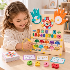 Tablita multifunctionala Montessori din lemn, cu numarare pe degete, labirint magnetic si ceas educativ, 3 ani+ - Img 2