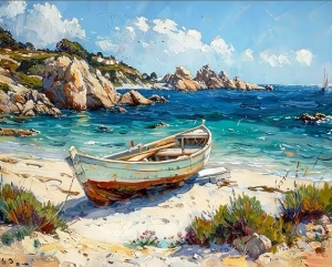 Tablou pictura cu diamante, Barca de pe plaja, Goblen 5D, rama din lemn, 40 x 50 cm, GM10049