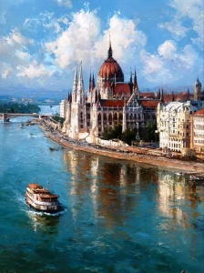 Tablou pictura cu diamante, Parlamentul din Budapesta, Goblen 5D, rama din lemn, 40 x 50 cm, GM10056
