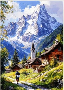 Tablou pictura cu diamante, Peisaj alpin, Goblen 5D, rama din lemn, 40 x 50 cm, GM10036