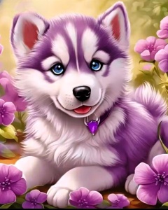 Tablou pictura pe numere, Husky mov, rama din lemn, 20 x 30 cm, PM10023