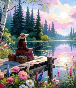 Tablou pictura pe numere, Liniste pe lac, rama din lemn, 40 x 50 cm, PM10026