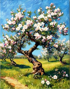 Tablou pictura pe numere, Migdal inflorit, rama din lemn, 40 x 50 cm, PM10060