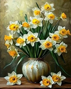 Tablou pictura pe numere, Narcise in vaza, rama din lemn, 40 x 50 cm, PM10063