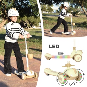 Trotineta 6 in 1 cu sunete, roti luminoase, maner, bare protectie, 2-12 ani, Dino, maroniu - Img 5