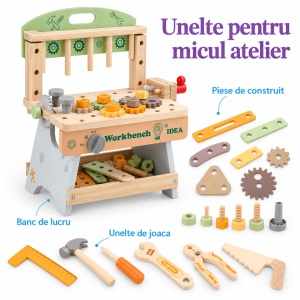 Banc de lucru din lemn WorkBench Idea, cu unelte, menghina si piese de constructie - Img 5