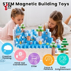 Blocuri magnetice de constructie 3D tip Minecraft, 2 cm - 124 piese - Iarna - Img 2