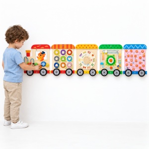 Busy Board Montessori din lemn pentru perete – Trenuletul cu 5 module de activitati, 147 cm - Img 2