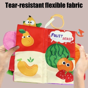 Carte textila senzoriala pentru bebelusi cu elemente fosnitoare si cozi textile - Fructe - Img 2