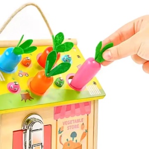 Casuta educativa din lemn 8 in 1 cu activitati Montessori - Morcovi