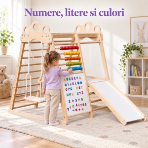 Centru de joaca din lemn 5 in 1, cu leagan, tobogan, scara de catarare, abac si alfabet - Img 7