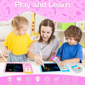 Joc educativ 2 in 1 cititor de carduri cu redare sunet si tableta de scris LCD, 224 cuvinte, Limba engleza, Ursulet, Roz