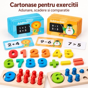 Joc educativ de matematica din lemn, cu pioni de numarare, cifre si carduri pentru adunari si scaderi - Img 4
