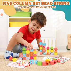 Joc educativ de stivuire cu 5 coloane din lemn, Bead String