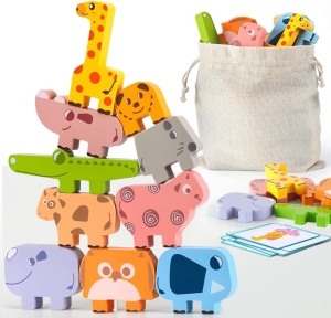 Joc educativ de stivurie si logica cu 10 animalute din lemn