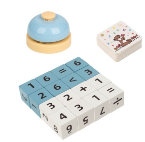Joc interactiv de matematica Digital Battle Game, cuburi din lemn, cartonase si clopotel - Img 3