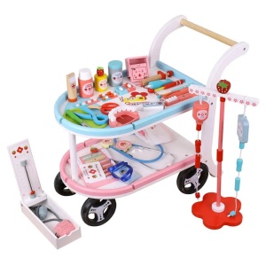 Jucarie din lemn carucior medical cu 30 de accesorii