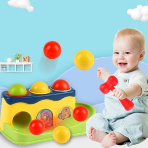 Jucarie interactiva cu 3 bilute si ciocanel pentru bebelusi - Huanger