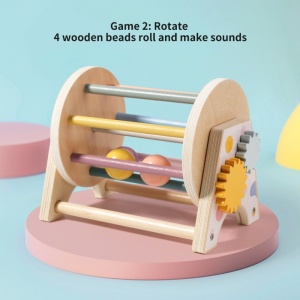 Jucarie Montessori tambur 3 in 1 cu 4 bilute colorate, rotite si oglinda