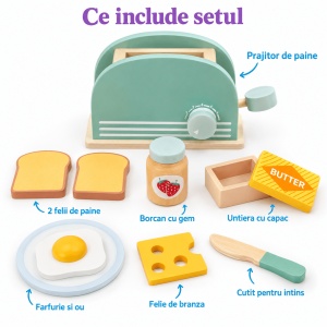 Jucarie prajitor de paine din lemn cu accesorii pentru micul dejun, Toaster Bread, 9 piese - Img 6