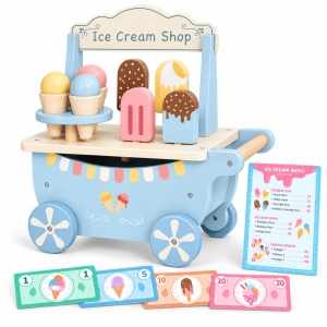 Mini gelaterie din lemn in forma de carucior, piese si accesorii incluse, albastru