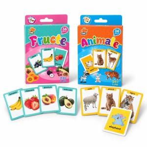 Pachet cu 72 de carduri educative bilingve in romana si engleza – Fructe si animale