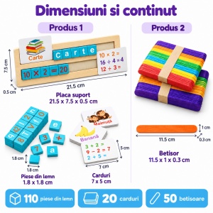 Pachet educativ din lemn cu litere, cuvinte, calcule, numarare si sortare, joc alfanumeric si 50 betisoare colorate - Img 8