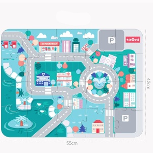 Set 115 piese de constructie din lemn cu plansa, Orasel