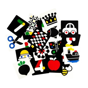 Set 40 imagini stimulare vizuala si cognitiva bebelusi, carduri alb-negru-multicolor, 3-6 luni, Ursulet
