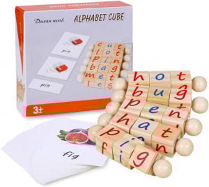 Set 5 cuburi rotative alfabet din lemn cu ilustratii in limba engleza, Primele cuvinte