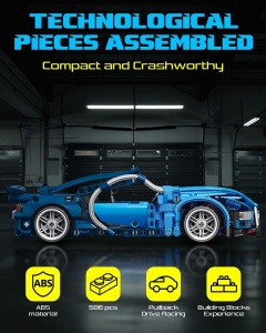 Set de constructie masina cu 423 piese, sistem pull-back, scara 1:18 - Masinuta albastra