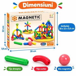 Set de constructii magnetice 3D, Magnetic Sticks, bile si tije colorate – 64 piese - Img 8