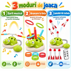 Set de joaca activa 3 in 1 Dinozaur, cu muzica, telecomanda, lansator de rachete si 12 inele - Img 6