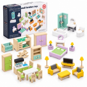 Set mobilier din lemn pentru papusi, 27 piese – 5 camere de amenajat