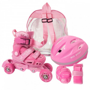 Set role reglabile copii si echipament protectie, roti silicon, marime ajustabila 29-33, Roz