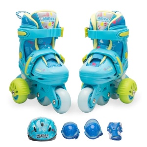 Set role reglabile cu roti ajutatoare, echipament protectie si lumini, marime ajustabila, Albastru, marime 29-32