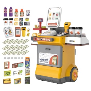 Set supermarkert electronic de jucarie mobil cu roti, sunete si functii, 48 piese, portocaliu - Img 12