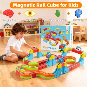 Set tren cu circuit magnetic 3D, traseu modular de construit - 23 piese