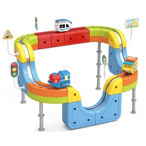 Set tren cu circuit magnetic 3D, traseu modular de construit - 35 piese