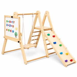 Set triunghi Pikler din lemn 8 in 1, loc de joaca cu tobogan, leagan si activitati creative, 2–8 ani