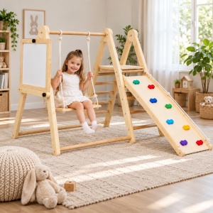 Set triunghi Pikler din lemn 8 in 1, loc de joaca cu tobogan, leagan si activitati creative, 2–8 ani - Img 2