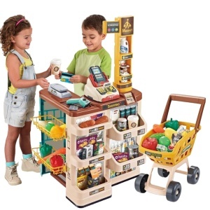 Supermarket de jucarie cu carucior, casa de marcat si POS, 48 piese