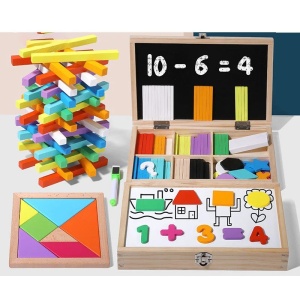 Tabla educativa montessori cu 2 fete, betisoare, cifre si tangram
